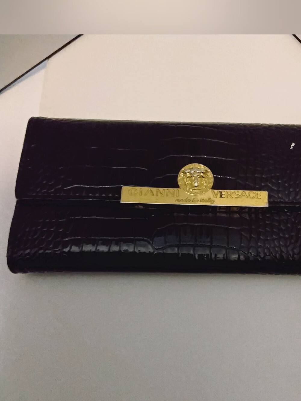 Authentic Vintage Gianni Versace Black Croc-Embossed Leather Women's Wallet